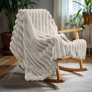 Rib Rabbit Fur Plaid Ecru 150 x 200